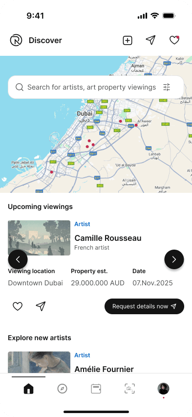 ReART App - Discover Screen with Dubai map and upcoming viewings