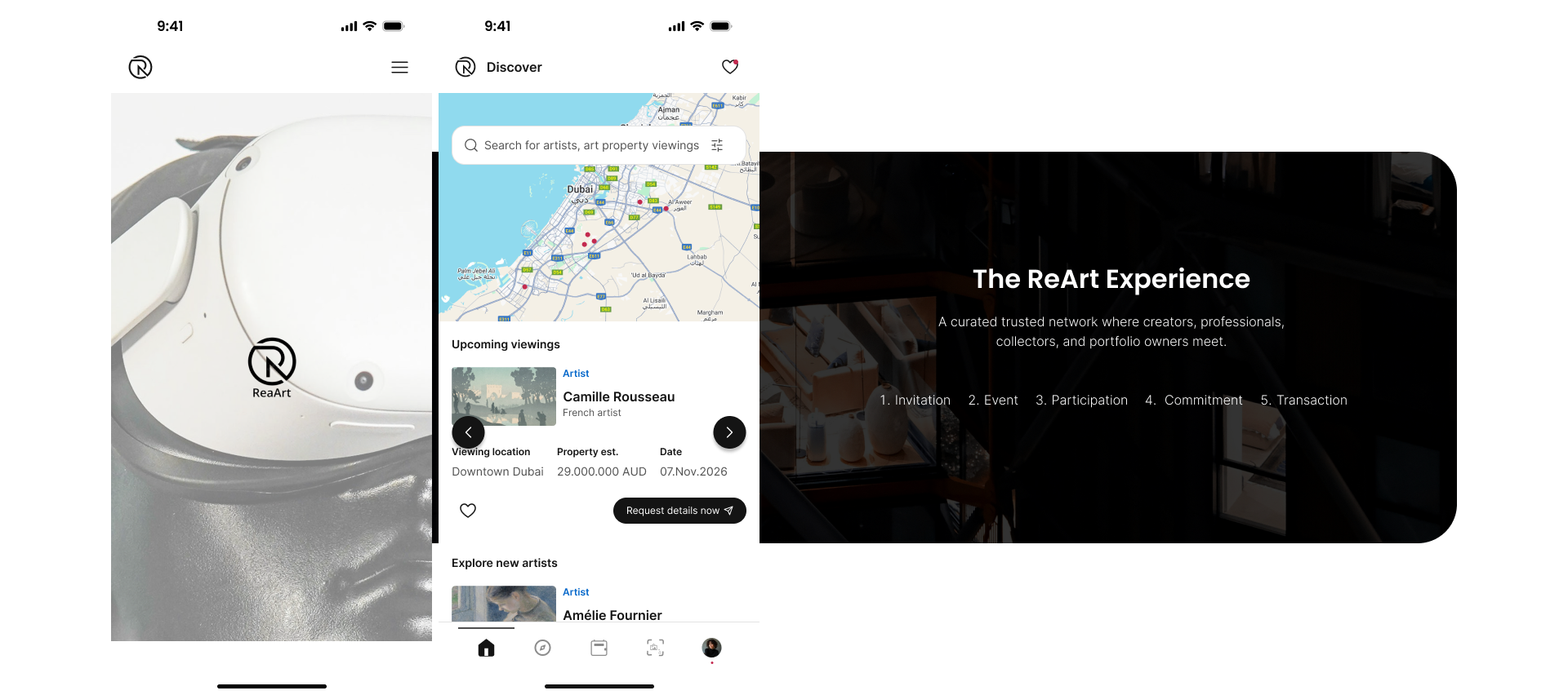 ReArt mobile app — Discover screen with map and upcoming viewings